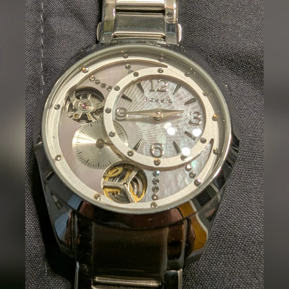 FOSSIL TWIST Ladies Silver Bracelet Watch With Pearlescent Face Needs Battery